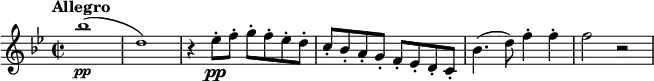 \relative c''' {
\tempo "Allegro"
\tempo 2 = 90
\set Staff.midiInstrument = #"violin"
\key bes \major
\time 2/2
\tiny bes1\pp (| d,) | \normalsize r4 es8-.\pp f-. g-. f-. es-. d-. | c-. bes-. a-. g-. f-. es-. d-. c-. | bes'4. (d8) f4-. f-. | f2 r
}
