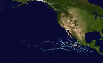 A map of the Pacific Ocean depicting the tracks of the 13 tropical cyclones that formed in 2011.