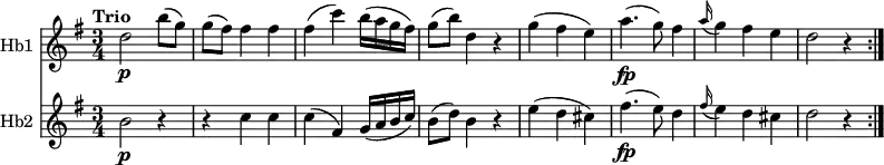 
<<
\new Staff \with { instrumentName = #"Hb1 "}
  \relative c'' {
     \key g \major
     \tempo "Trio"
     \time 3/4
    d2 \p b'8 (g)
    g (fis) fis4 fis
    fis (c') b16 (a g fis)
    g8 (b) d,4 r4
    g (fis e)
    a4.\fp (g8) fis4
    \grace a16 (g4) fis e
    d2 r4 \bar ":|."
  }
\new Staff \with { instrumentName = #"Hb2 "}
  \relative c'' {
    \key g \major
    \time 3/4
   b2\p r4
   r4 c c
   c (fis,) g16 (a b c)
   b8 (d) b4 r4
    e4 (d cis)
    fis4.\fp (e8) d4
     \grace fis16 (e4) d cis
    d2 r4 \bar ":|."
  }
>>
