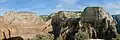 Observation Point left, Cable Mountain centered, The Great White Throne right. Viewed from Angels Landing