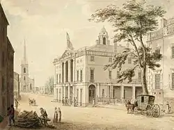 Archibald Robertson's view up Wall Street with City Hall (Federal Hall) and Trinity Church, New York City, from around 1798