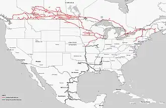 Map showing the two subsidiary Class I railroads, CP and KCS, which make up CPKC