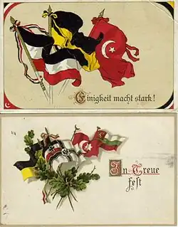 World War I-era propaganda postcards depicting the flags of the Central Powers. The Austro-Hungarian flag shown as black-yellow