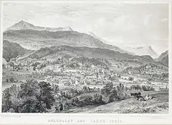 'Dolgelley and Cader Idris' c. 1840 by George Pickering (c. 1794–1857) and lithographer George Hawkins&nbsp;[Wikidata] (1809–1852)