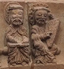 Two of the 24 Elders of the Apocalypse with a psaltery and rota.