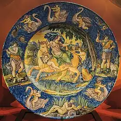 Central dish is 58&nbsp;cm across, the main scene the Rape of Europa, after an illustration of Ovid by François Chauveau, published in 1674