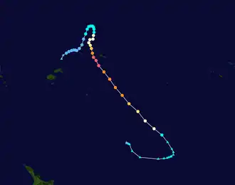 Heta formed in the upper center of the map before moving generally northeastward. The storm then curved to the southeast and continued on that course until it became extratropical.