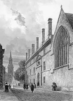 Engraving looking south along Turl Street, with the spire of All Saints Church in the background (1839).