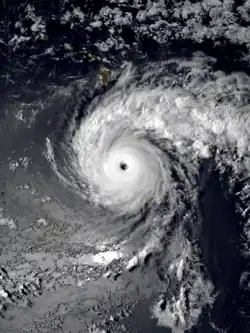 A satellite image of a powerful hurricane south of the Big Island of Hawaii. It has a clear and well-defined eye surrounded by a circular area of intense convection; a pronounced outer band originates from the western side of the storm and curves clockwise a quarter of the way around it, before jutting out to the east.