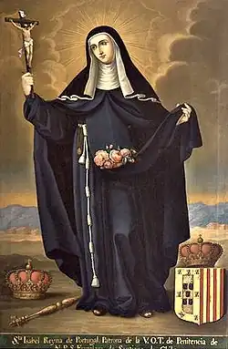 Elisabeth of Portugal in the habit of the Third order of Saint Francis, raising a cross and holding a bunch of roses in her scapular. Two crowns, a sceptre, and a coat of arms are beneath her feet.
