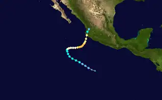 A map of the path of a hurricane over the Eastern Pacific Ocean. It begins by moving northwestward, parallel to the coast of Mexico; it eventually turns first to the east, and then north-northeastward to a landfall on the central Mexican coast.
