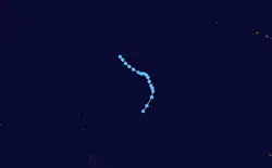 A track map of the path of a tropical depression over the Central and Western Pacific Ocean