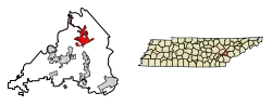 Location of Lenoir City in Loudon County, Tennessee.
