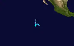 A track map of a tropical storm over the Eastern Pacific Ocean; it is shaped like an uppercase letter 'L', with the bottom edge curving upward like a camel's hump in the middle