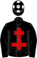 Black, red cross of lorraine, white spots on cap