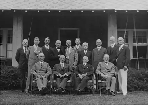 Williams is standing third from the right in this 7 August 1928 photograph of retired U.S. Navy rear admirals and other retirees at Rear Admiral Spencer S. Wood's home in Jamestown, Rhode Island.