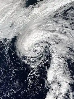 A satellite image of Tropical Storm moving across the northern Atlantic Ocean on November 8, 2017.