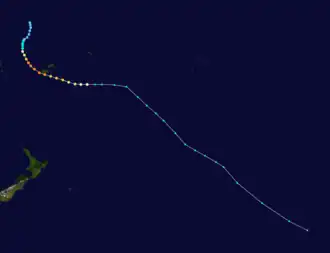 Sina formed in the upper center of the map and generally moved to the south. The storm then curved to the east and became extratropical.
