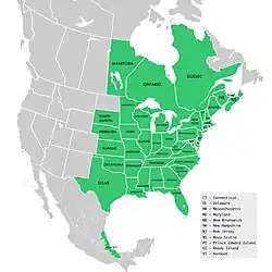 Symphyotrichum lateriflorum distribution map: Canada — Manitoba, New Brunswick, Nova Scotia, Ontario, Prince Edward Island, and Québec; Mexico — Veracruz; US — Alabama, Arkansas, Connecticut, Delaware, District of Columbia, Florida, Georgia, Illinois, Indiana, Iowa, Kansas, Kentucky, Louisiana, Maine, Maryland, Massachusetts, Michigan, Minnesota, Mississippi, Missouri, Nebraska, New Hampshire, New Jersey, New York, North Carolina, Ohio, Oklahoma, Pennsylvania, Rhode Island, South Carolina, South Dakota, Tennessee, Texas, Vermont, Virginia, West Virginia, and Wisconsin.
