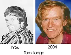 Double image firstly in black and white of a clean shaven man wearing a striped shirt captioned as 1966 next to a colour close up captioned as 2004 of the same man looking older with longer hair wearing a red shirt