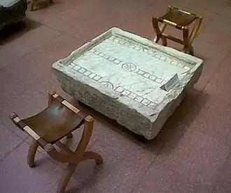 Ludus duodecim scriptorum table in the museum at Ephesus, an ancestor of backgammon.