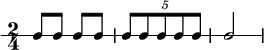 \new RhythmicStaff {
\clef percussion
\time 2/4
\set Score.tempoHideNote = ##t \tempo 4 = 100
c8 c c c
\tuplet 5/4 { c8 c c c c }
c2
}