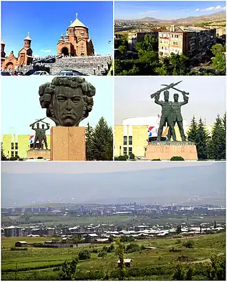 از بالا چپ:Surp Hovhannes Church • آبوویان به همراه Mount Hatisمجسمه خاچاطور آبوویان • بنیای یادبود برادری Russian-Armenian در town hall</smallنمایی Panoramic از آبوویان>