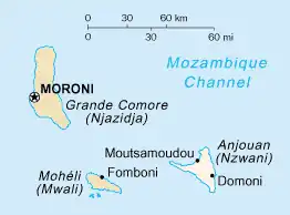 The مجمعالجزایر قمر islands. Anjouan is the rightmost island.