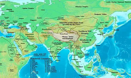آسیا در ۵۰۰ میلادی، مناطق شمالی وی و همسایگان آنها را نشان میدهد