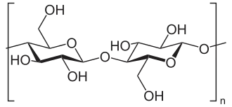 Cellulose, a linear polymer of D-glucose units (two are shown) linked by β(۱→4)-glycosidic bonds.