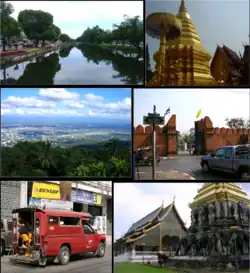 Top left: view of Chiang Mai's east moat; top right: the chedi of Wat Phrathat Doi Suthep; middle left: view from Doi Suthep of downtown Chiang Mai; middle right: Thapae gate; bottom left: aSongthaew share taxi; bottom right: Wat Chiang Man