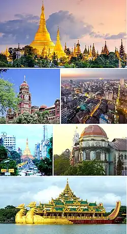 Clockwise from top: Shwedagon Pagoda, aerial view of central Yangon, colonial-era buildings along Strand Road, the Karaweik at Kandawgyi Lake، Sule Pagoda، Yangon High Court