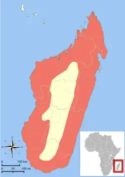 Range map showing the fossa's distribution in Madagascar. Areas in red mark its distribution and mostly run along the outer edge of the island.