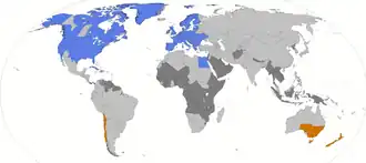 World map. Europe, Russia, most of North America, parts of southern South America and southern Australia, and a few other places use DST. Most of equatorial Africa and a few other places near the equator have never used DST. The rest of the land mass is marked as formerly using DST.