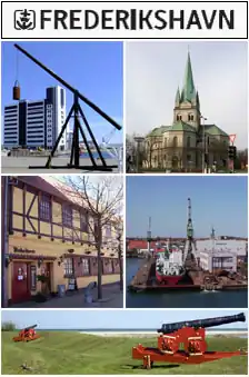 From upper left: Kattegat Silo, Frederikshavn Church, Havnegade, Port of Frederikshavn, Nordre Skanse