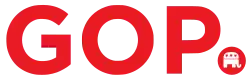 Red elephant inside a circle with three stars across the top of the elephant.