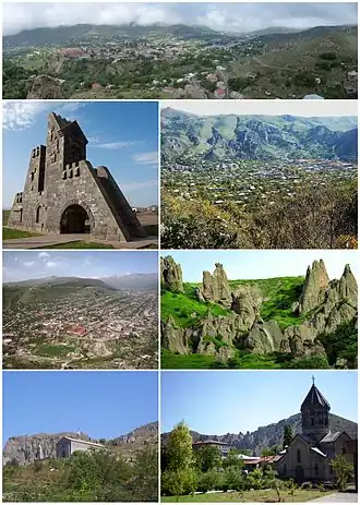 از بالا چپ:
نمایی Panoramic از گوریسGoris gate • کوهستان زنگهزور اطراف گوریسافق مریی گوریس • Stone-pyramids of Old KoresSurp Hripsimé Basilica • Saint Gregory Cathedral