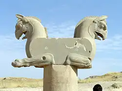 سرستون شیردال در تخت جمشید. الوارهای سقف احتمالاً سطح کناری صاف را پر کرده بودند.