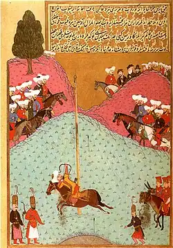 سلطان مراد خان در حال تمرین تیراندازی با کمان (نقاشی مینیاتور، سال 1584)