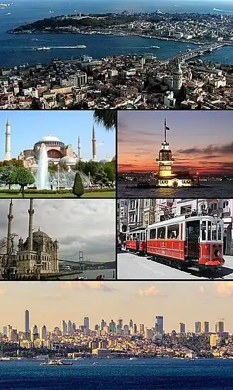 جهت عقربههای ساعت از بالا: شاخ طلایی مابین Karaköy و Sarayburnu داخل historic areas; برج دختر; nostalgic tram در خیابان استقلال، استانبول; منطقه تجاری Levent بههمراهکاخ دلمهباغچه; Ortaköy Mosque جلو در پل بسفر; و ایا صوفیه.