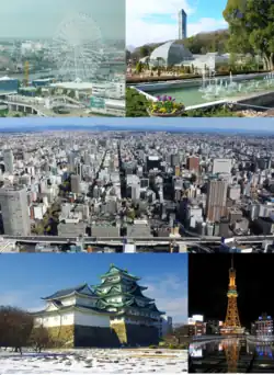 From top left: Nagoya Port, Higashiyama Zoo and Botanical Gardens, Central Nagoya, قلعه ناگویا،  Nagoya TV Tower