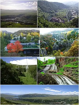 از بالا چپ:
Jermuk skyline • Mineral springs and lakesSpa resorts • Arpa river canyonJermuk cableway • Jermuk waterfallآرپا (رود) و bridge • Mineral water gallery