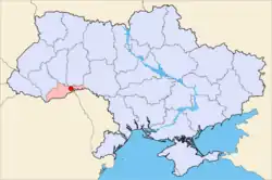 Map of Ukraine (blue) with Khotyn highlighted (red).