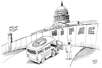 کاریکاتوری از کارلوس لاتوف در توصیف ماموریت اِی‌پَک (AIPAC).