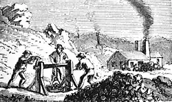 A black-and-white drawing of men working in a mine
