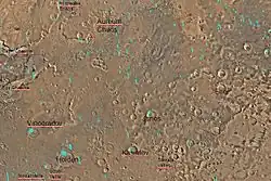 نقشهٔ چهارگوش سینوس مارگاریتیفر با جزئیات عمده.  آروم آشفته در نزدیکی بالای نقشه قرار دارد.