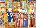 سلطان محمد اول همراه با شخصیت‌های برجسته عثمانی. مینیاتور عثمانی، در دانشگاه استانبول نگهداری می‌شود.