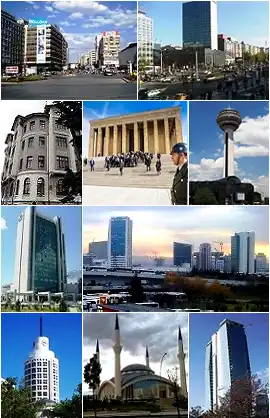 "از چپ به راست:"" اول و دوم: نماهای میدان کیزیلای، سوم: ساختمان BDDK، چهارم:آنتکابیر، پنجم: برج آتاکوله، ششم: پایانه اتوبوس بین شهری آنکارا، هفتم:شرایتون آنکارا، هشتم:موزه مجسمهسازی و هنر دولتی، نهم: آسمانخراشهای بالگات در چانکایا.