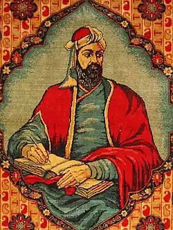 نظامی گنجوی بر روی یک قالیچه (۱۹۳۹ م)موزهای در گنجه، جمهوری آذربایجان