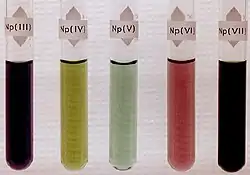Aqueous solutions of neptunium III, IV, V, VI, VII salts.